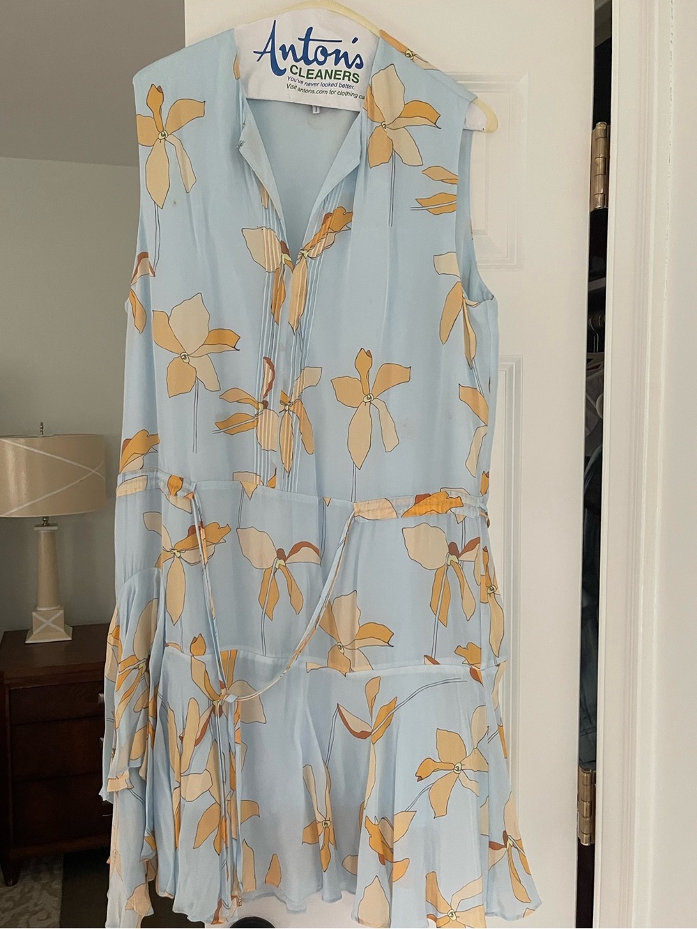 Reiss Pale Blue Sleeveless Floral Midi Dress with Yellow Print